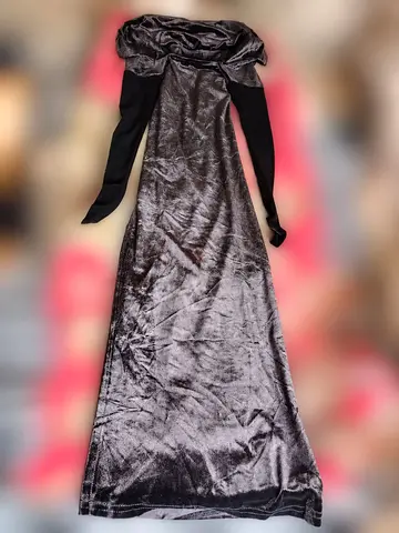 Long silver velvet evening dress with off-shoulder detail