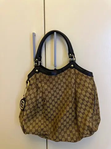 Gucci monogram canvas tote bag with leather trim