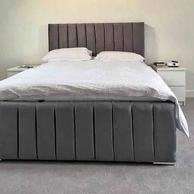 Grey Upholstered Bed with Headboard and Base