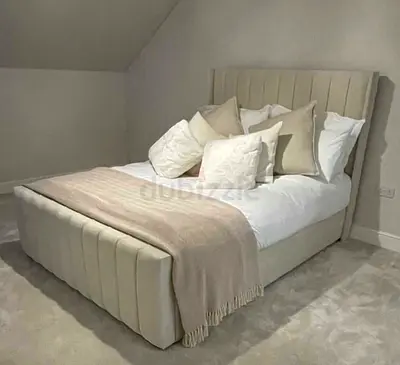 Upholstered Bed with Headboard and Footboard - Beige