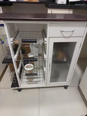 Compact Wooden Kitchen Island with Storage and Glass Cabinet