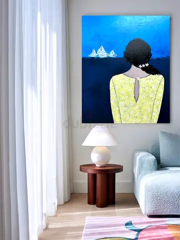 Original Acrylic Painting — Woman Looking at Sea with Sailboats