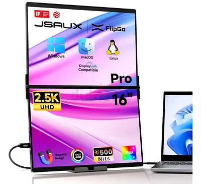 JSAUX FlipGo Pro 16" Dual Screen Portable Monitor (2.5K UHD) – Brand New Box Packed