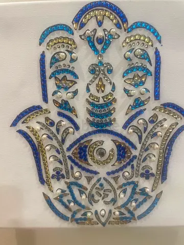 Hand-embellished Hamsa Drawing with Blue and Gold Accents