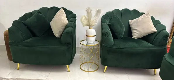 5 Seater Green Velvet Shell Armchairs with Gold Legs comes with 11 cushions Excellent Condition