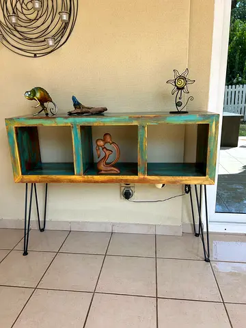 Patina finish console table, 3 shelf
