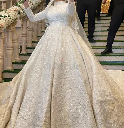 White Long Sleeve Beaded Wedding Gown with Veil