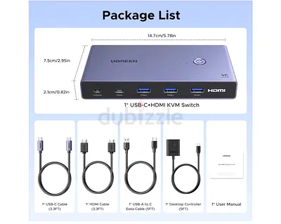 UGREEN 4K 60Hz USB-C + HDMI KVM Switch 2 In 1 Out (100W PD) – Brand New