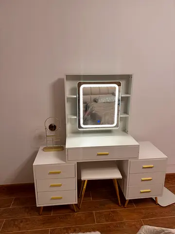 White Vanity Dressing Table with LED Mirror and Stool