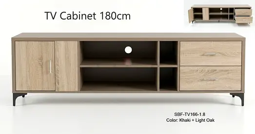 180cm TV Cabinet - Khaki & Light Oak, 2 Drawers + Storage Shelves