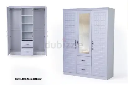 White 3-Door Wardrobe with Mirror & Drawers - 120x46x185cm