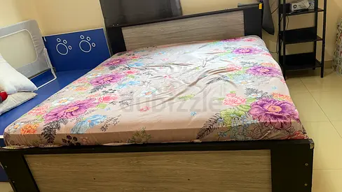 King size wooden bed frame with headboard and soft memory foam mattress— good condition