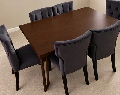 Wooden Dining Table with 6 Upholstered purple -brown Chairs - excellent Condition