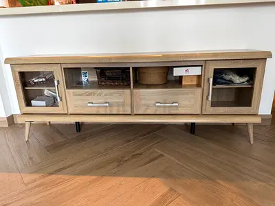 Wooden TV Unit / Console with Glass Doors — Light Oak, Mid-Century Style