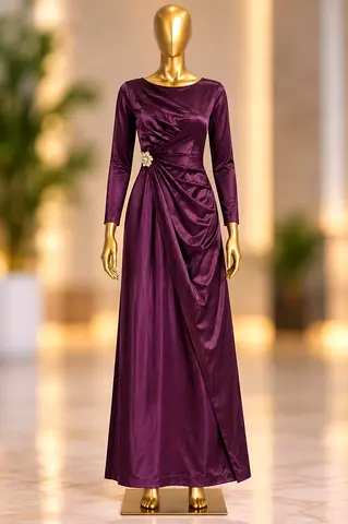 Elegant Long Sleeve Plum Evening Gown with Draped Waist Detail
