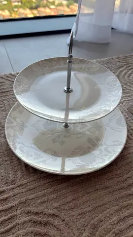 Two-tier ceramic cake and serving stand, white floral
