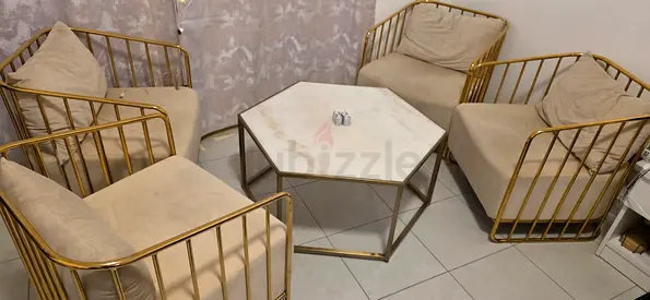 Luxury Gold Frame Sofa Set with Hexagon Coffee Table – Excellent Condition