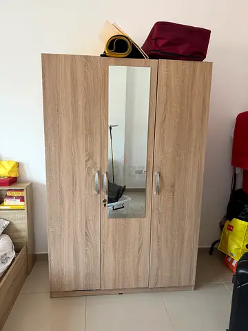 3-door Wooden Wardrobe with Mirror - Good Condition