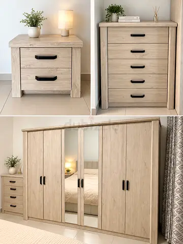 Light Oak 5-Drawer Chest + 2-Drawer Nightstand and 6Door Wardrobe with Mirrors - Good Condition