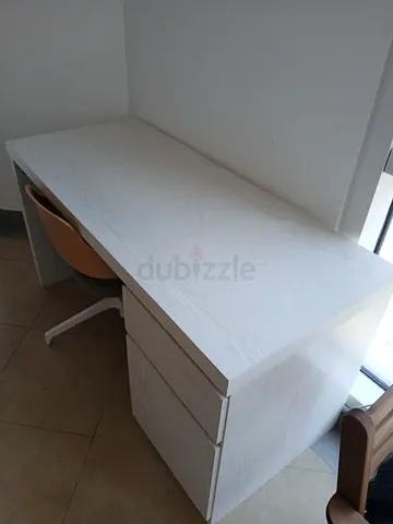 White wooden study desk with drawers - good condition