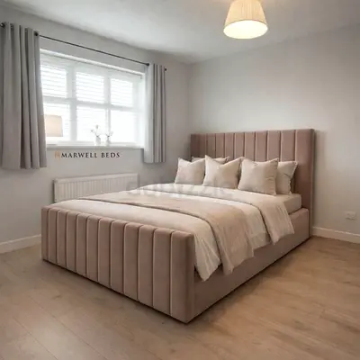 Upholstered Double Bed Frame with Vertical Channel Headboard - Beige