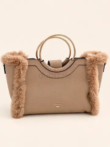 Dune London Duo Large Faux Fur Trimmed Tote Bag - Camel Beige