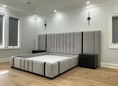 Modern upholstered king bed with tall paneled headboard (frame only)