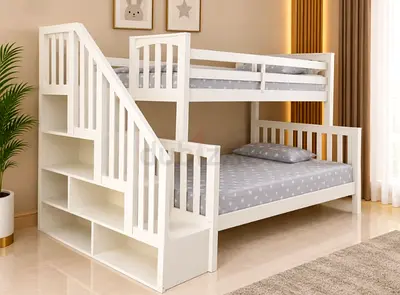 White wooden bunk bed with storage staircase - good condition