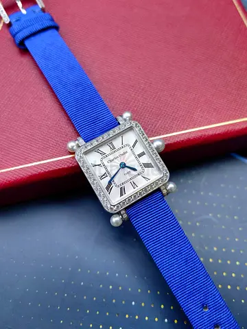 Charles Oudin Square womens wristwatch with blue fabric strap and pearl accents