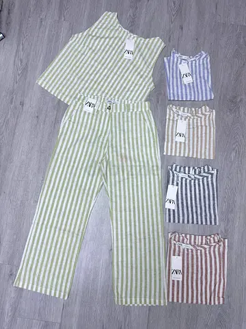 Light Blue & White Striped Sleeveless Top with Wide-Leg Trousers Set - Size Available