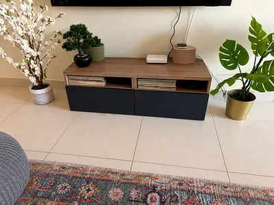 Low modern TV cabinet/entertainment unit with storage drawers - walnut finish