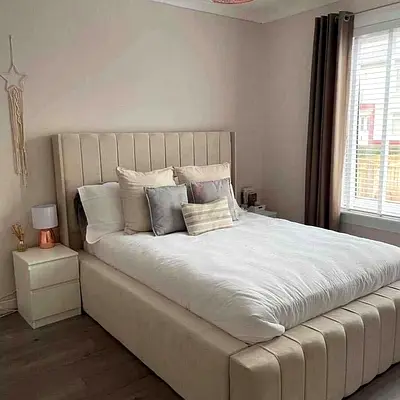 Beige Upholstered Double Bed with Headboard and Base delivery available all over