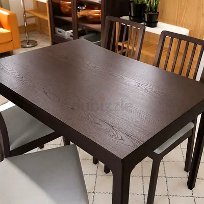 Solid Dark Wood Dining Table with 4 Slatted Chairs - Good Condition