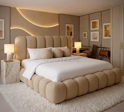 Beige Plush Tufted Bed with Upholstered Headboard