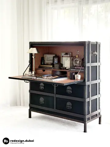 POTTERY BARN INDUSTRIAL CAMPAIGN TRUNK SECRETARY DESK or storage cabinet vanity black vintage accent