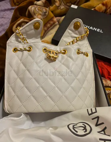Chanel White Quilted Leather Tote Bag with Gold Chain