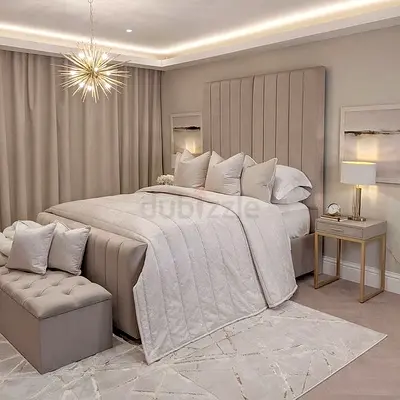 King size upholstered bed with tall headboard and bench - neutral beige