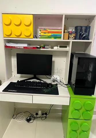 Home centre White study desk with hutch and colorful LEGO-style drawers