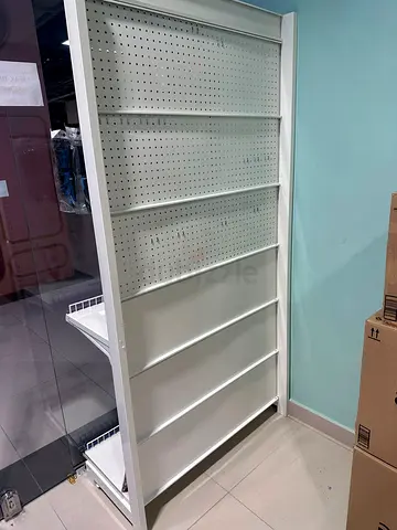 White Double-Sided Pegboard Display Shelf Unit and Shelving Racks- Good Condition