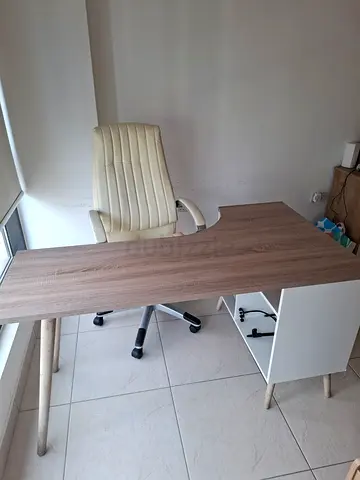 L-shaped wooden office desk with storage and chair - good condition