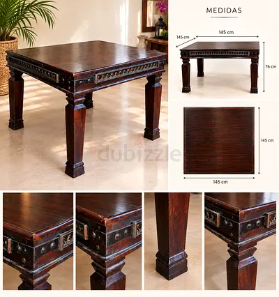 Solid Dark Wood Dining Table - 145 x 145 cm, Rustic Carved Legs