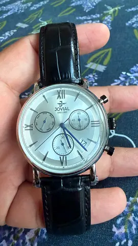 Jovial men's analog chronograph watch with black leather strap