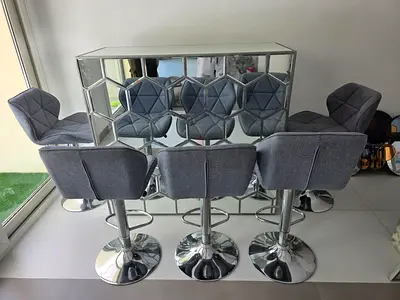 Set of 6 Grey Fabric Bar Stools with Chrome Base, Adjustable Height