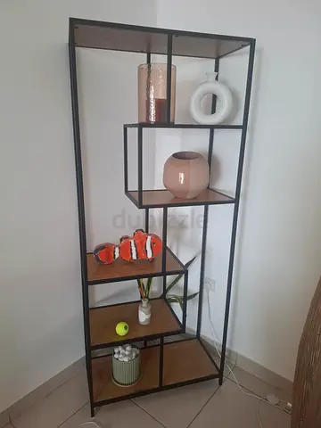 Black metal and wood open shelving unit - good condition