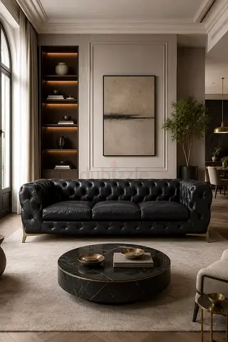 Black Chesterfield Leather 3-Seater Sofa