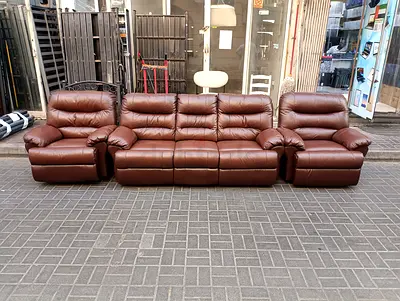 Brown leather 5-seater reclining sofa set (3-seat + 2 single recliners)