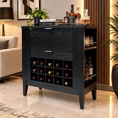 Crate and barrel Black Wooden Wine Cabinet with Storage Drawers