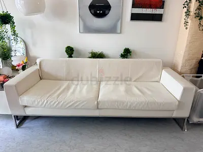 White leather 3-seater sofa with metal legs - good condition - 2.12 mtr length and 0.68 mtr width