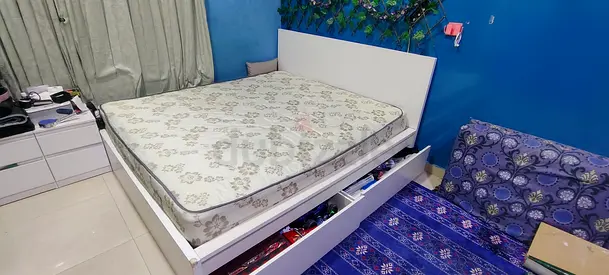 IKEA White wooden double bed with storage drawers and mattress - good condition
