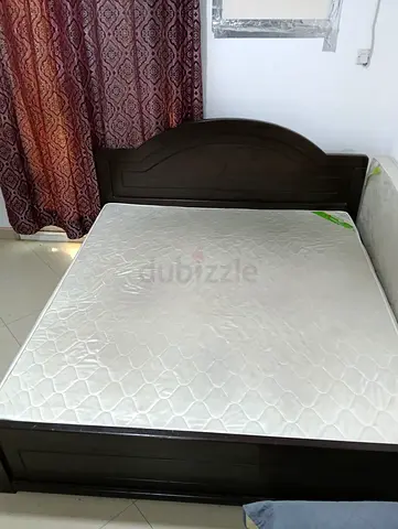 Dark Wood Double Bed Frame with Mattress — Good Condition